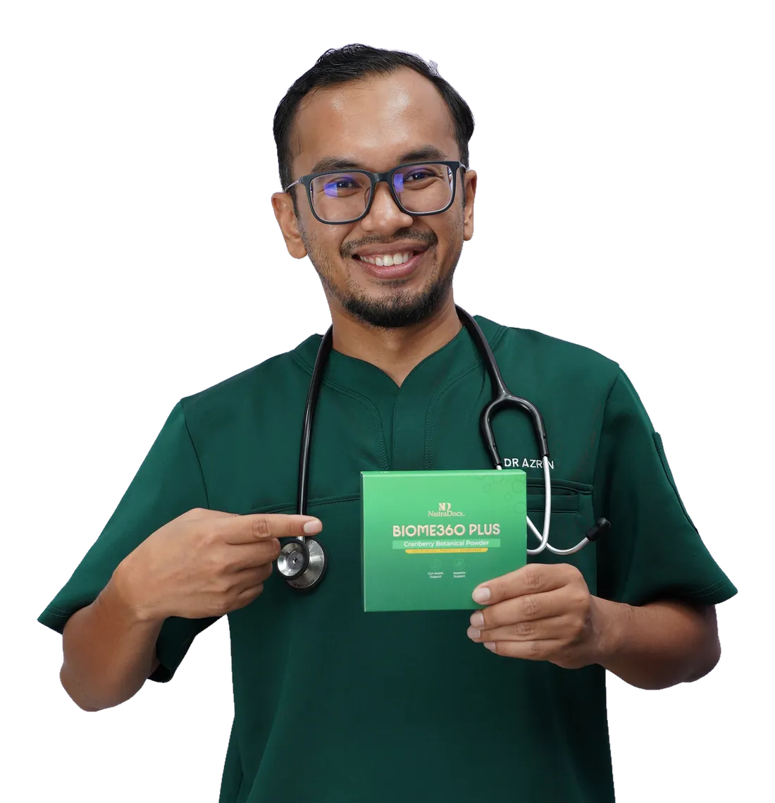 Dr Azrin memegang kotak BIOME360 PLUS